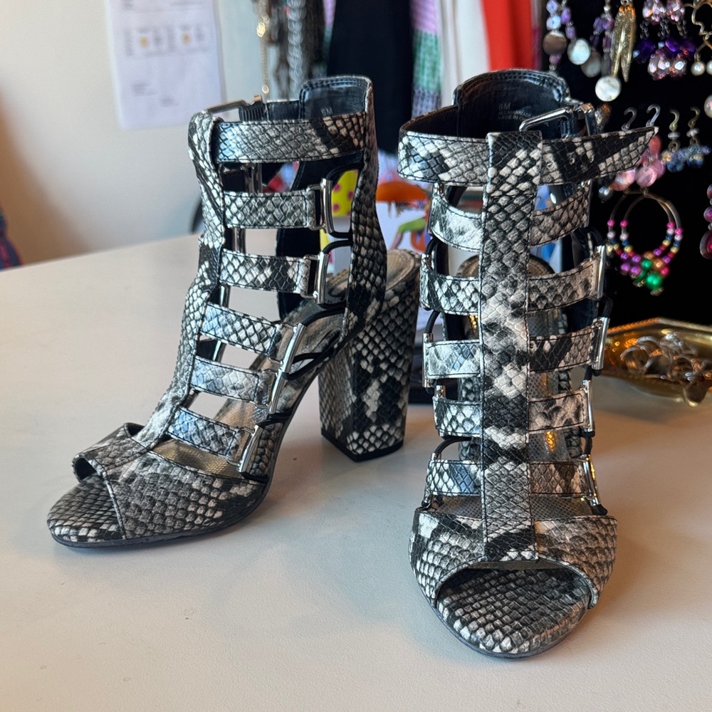 Gianni Bini Snake-Print Strappy Block Heel Sandals - Women's Black/Gray